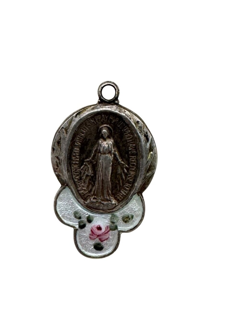 Guilloche Mary Miraculous Pendant Vtg Sterling Silver Blue Enamel Rose Virgin